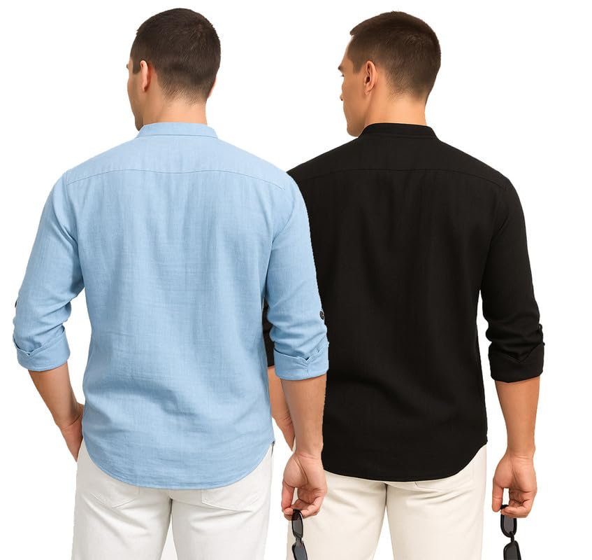 Image of DEEMOON Combo of Men's Cotton Blend Solid Regular Fit Full Sleeve Short Kurta | Men's Trendy Short Kurta Pack of 2 (Available in Plus Size & Combo Packs)