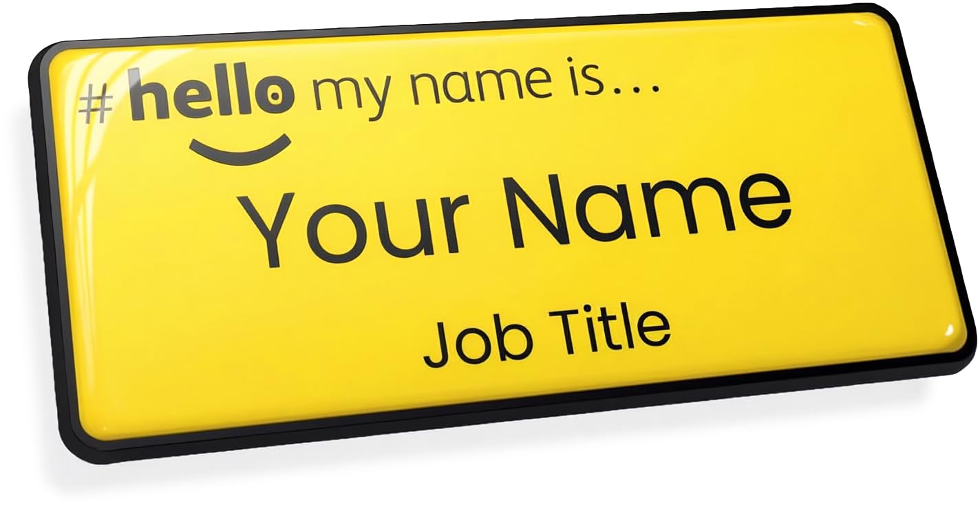 Hello My Name is Gel Domed Yellow Black 76 x 32mm Magnetic Name Badge.