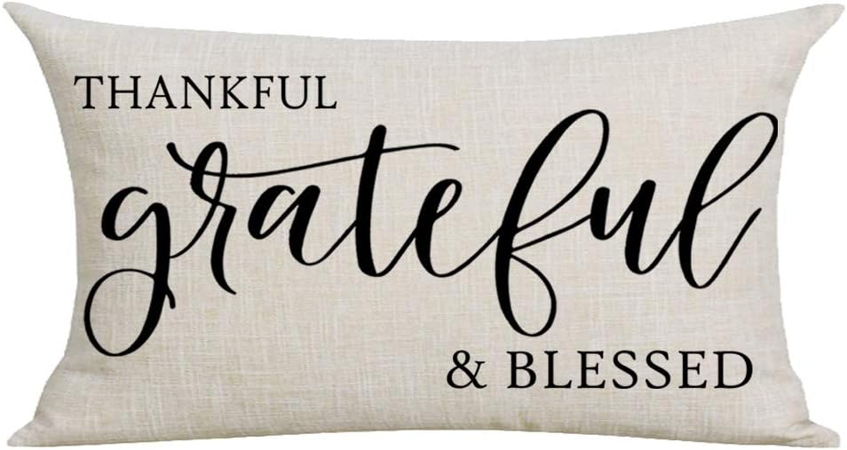 WePurchase Autumn Fall Thanksgiving Day Black Font Art Word Thankful Grateful & Blessed Decoration Cotton Linen Decorative Home Sofa Living Room Throw Pillow Case Cushion Cover Rectangle 12x20 Inches