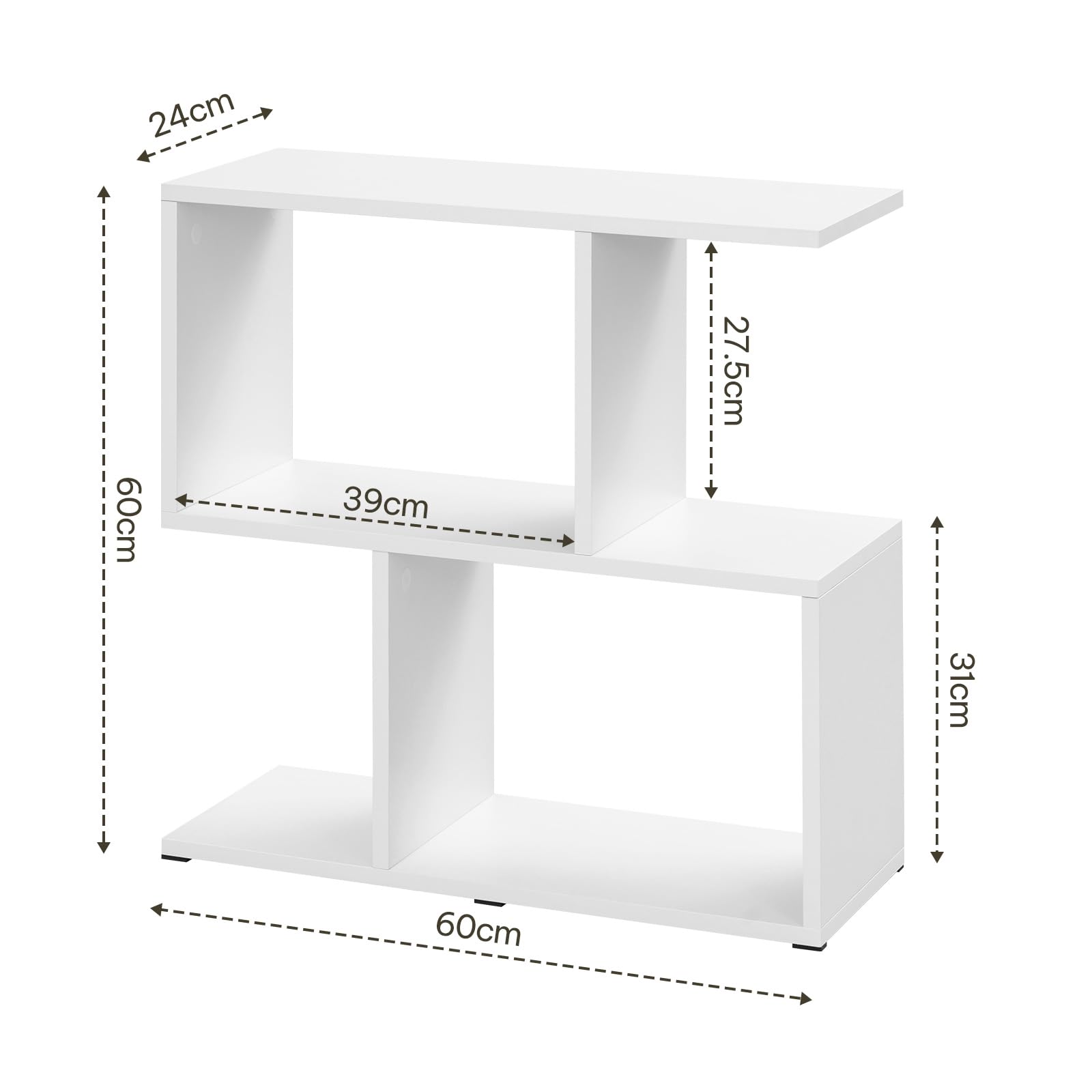 eSituro Tavolino Salotto a Forma di S, Tavolino Laterale da Divano Moderno, per Soggiorno, Balcone, Studio, Camera da Letto, con 1 Ripiano Superiore e 4 Scomparti, Bianco