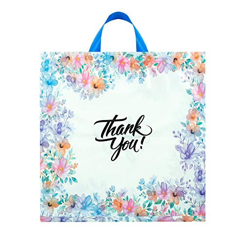 InfinitePack 18" x18"(50pcs) Floral Thank You Bag with Soft Loop Handle & Bottom Gusset - 2.35 Mil Thick Plastic Merchandise Shopping Bag for Goodies, Clothing, Shower Gift, Retail Boutique Bags