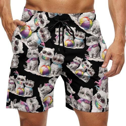Cute Cat Mens Swim Trunks Quick Dry Beach Shorts Board Shorts Swimwear Bathing Suits with Mesh Lining