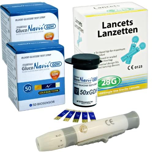 GlucoNavii 100 x Blood Glucose Test Strips + Lancing Device + 100 28g Lancets