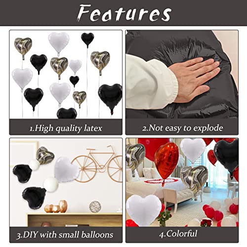 Image of Black White Foil Heart Balloons, 10PCS Black White Agate Heart Shape Balloons, Valentines Balloons 18inch Black Foil Balloon for Helium Valentine Decorations for Wedding, Baby Shower, Anniversary