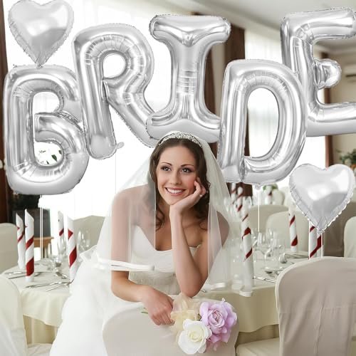 Image of 40 Inch Silver BRIDE Letter Balloons, Bachelorette Bridal Shower Decor