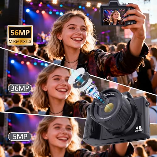 4K Digital Camera for Photography & Vlogging, 56MP Point and Shoot Digital Cameras with 180° Flip Screen, 16X Zoom Compact Travel Camera, Portable Cámara for Adults & Beginners with 32GB SD Card - Image 3