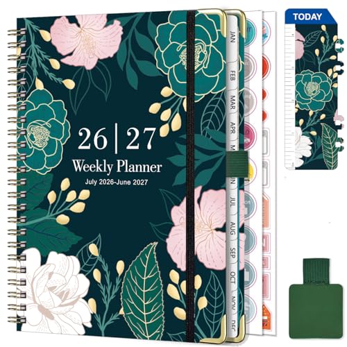 Gumiho Agenda Semainier 2026 2027 Spirale - A5 Planner (Juillet 2026 - Juin 2027)-Agenda Scolaire Avec boucle de stylo,Règle Signet & Autocollants de plan (Vert foncé)