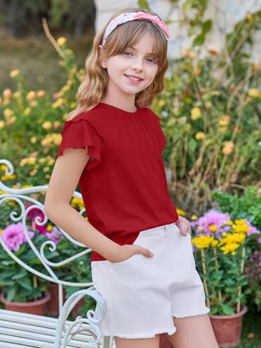 Image of Haloumoning Girls Pleated Ruffle Short Sleeve Shirts Kids Summer Crewneck T-Shirts Fashion Tops Tees 5-14 Years
