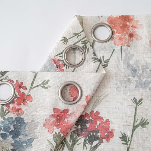 Image of MYSKY HOME Floor to Ceiling Linen Floral Curtains 102 Inch Length 2 Panels Semi Sheer Light Filtering Farmhouse Flower Printed Window Grommet Drapes for Dining Room, 52 inch W Each Panel, Red