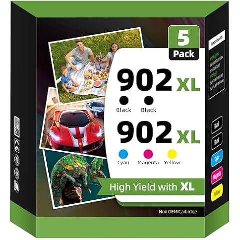 Yocare 902 XL 5-Pack Ink Cartridges Compatible with 902XL 902, Compatible with OfficeJet Pro 6978 6968 6958 6962 6970 6954 6960 6979 6950 Printer(2 Black,1 Cyan,1 Magenta,1 Yellow), 902XL-5P Cover