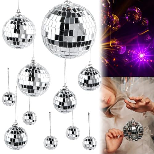 Dewocke 11PCS Silver Mirror Balls, 4 Sizes, Christmas Tree Bauble Hanging Balls for Disco Party Decoration