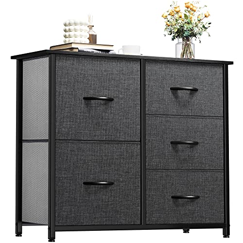 YITAHOME Comoda 5 Cajones,Cajonera de Tela,Sinfonier,Robusta Estructura metálica,para Dormitorio, Salón, Pasillo,Negro y Gris