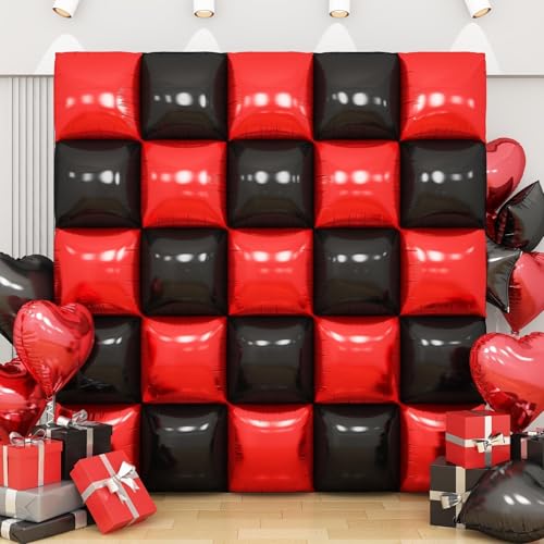 Black Red Square Foil Balloon Wall,25Pcs Double Sided Foil Balloons