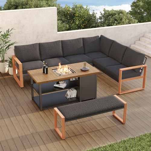 Grand patio 4-Piece Outdoor Furniture Set with Gas Fire Pit Table, Aluminum Patio Sofa Set for 8 with Faux Wood Grain Finish, Modern Patio Couch Sofa with Outdoor Bench and Chaise for Backyard