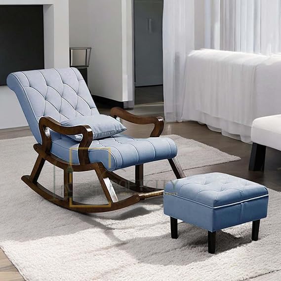 Image of CRAFTCITY Sheesham Wood Elegant Chair with Pillow and Matching Foot Stool /Living Room Chair /Rose Wood Rocking Chair,Pre-Assembled (Sky Blue, Rocking Chair with Ottoman)
