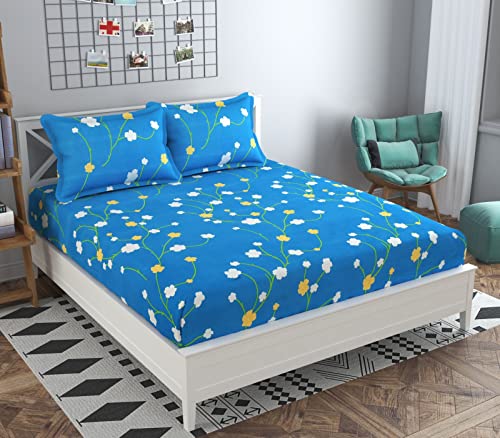 Image of KAWI Cotton Blend Graceful Elastic Fitted Bedsheet with 2 Pillow Cover (72 inch X 78 inch) - Blue White