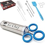 LE CHEF Meat Injector – Stainless Steel Syringe for Cooking – 2 Oz with Silicone Covered Handle – Ergonomic Design – Practical and Versatile – Pack with Multiple Needles and Spare Gaskets