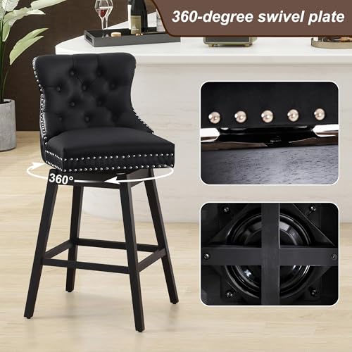 Image of Black Leather Swivel Bar Stools Set of 4 with Back, 30 Inch Counter Height Chairs, Solid Wood Legs, Tufted Seat, Comfortable and Stylish for Kitchen, Island, Home Bar(Black, 4 Pack, 30 inch H)