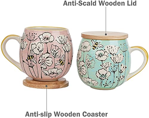 Taimei Teatime Ceramic Coffee Mug, Set Of 2, 16.9-Oz Large Coffee Mug With Lid, Handpainted Bee And Floral Pattern, Mug Gift Set For Valentine's Day, Mother's Day; Microwave And Dishwasher Safe #TOP2