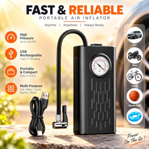 Image of Portable Car Air Pump Digital Tyre Inflator with Pressure Gauge | Fast Air Compressor for Car, Bike, Bicycle & Balls | Rechargeable & Compact Design