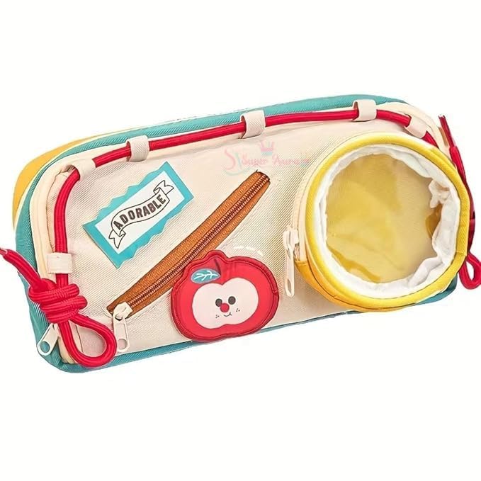 Image of Alokik Apple Food Theme Pencil Pouch for Girls & Boys, Large Capacity Zipper Stationery Bag with DIY Magical Patch & Transparent Display Window Organizer (Apple Food)