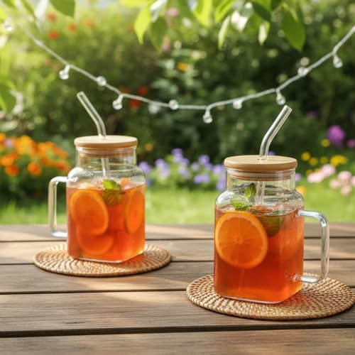 Image of ginoya brothers 600ml Mason Jar with Natural Bamboo Lid, Reusable Glass Straw & Handle | Leak-Proof Silicone Seal Glass Cup for Hot & Cold Beverages (PACK OF 1)