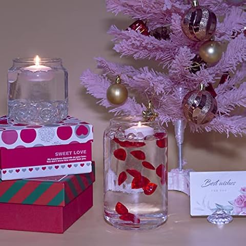 Floating Candle(2 pcs) Glass Clear Flat Gems Red Heart Acrylic Diamonds for Table Scatter, Vase Filler, DIY Crafts Centerpieces, Home Decor Cover