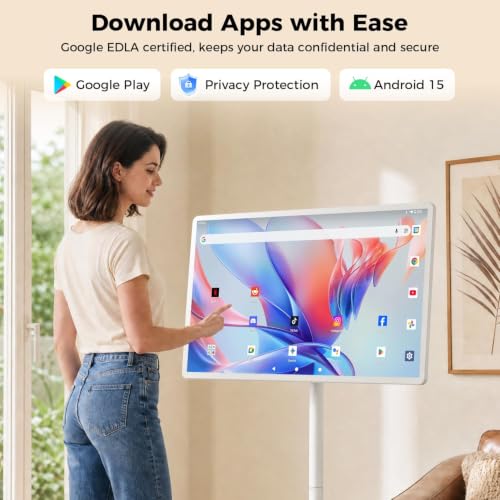 Image of 32 inch Portable Smart TV with Android 15, 1080P Touch Screen Monitor on Wheels, EDLA-Certified, 8GB+128GB Storage, 5MP Camera, 10H Playing Time, Rotatable Display, Wireless Casting, Voice Remote Control