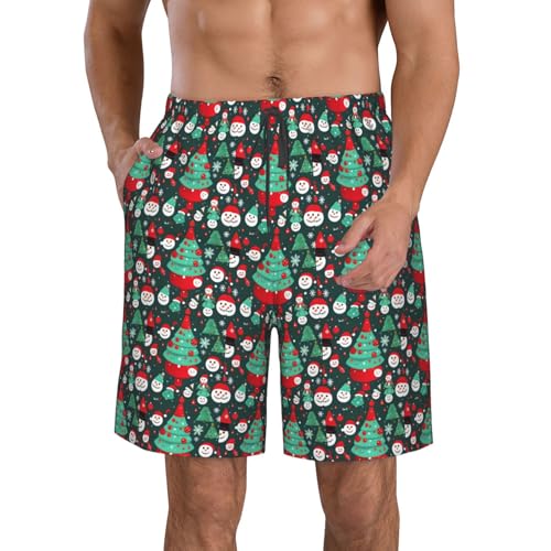 Christmas Tree and Snowman Print Stylish Beach Shorts Swim Trunks Lightweight Breathable Summer Outdoor Activities