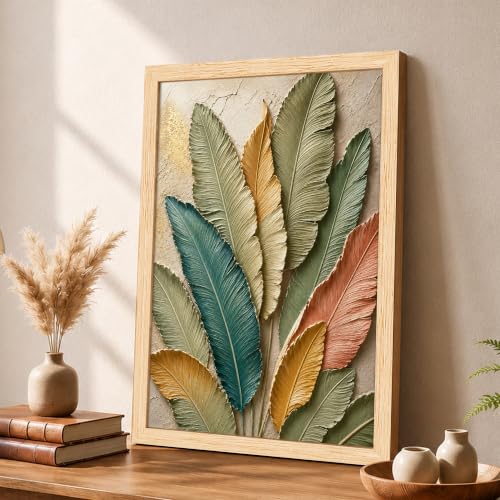Image of PAINTINGMANTRA Textured Embossed Leaf Framed Wall Art Painting for Wall Decoration, Multi-Color Feather & Leaf Motifs Poster with frame for Living room, bedroom, Home and office, 10x13 Inch