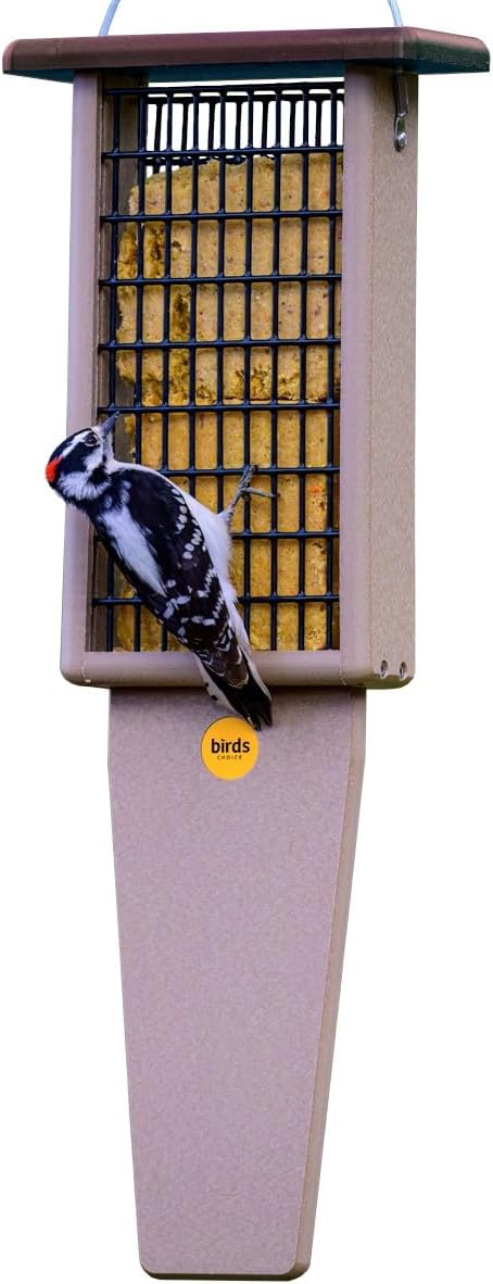 Birds Choice Pileated Suet Bird Feeder with Extra Long Tail Prop, Holds 2 Suet Cakes - Made from Durable Recycled Material, Taupe Base w/ Brown Roof, 8"L X 3"W X 22-1/2"H