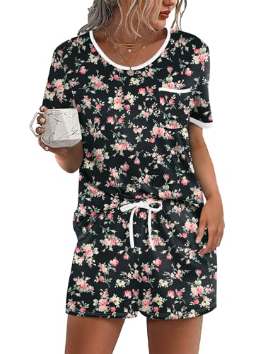 Image of Ekouaer Pajama Set for Women 2 Piece Lounge Set Short Sleeve Tops and Shorts Soft Sleepwear, Chest Pocket