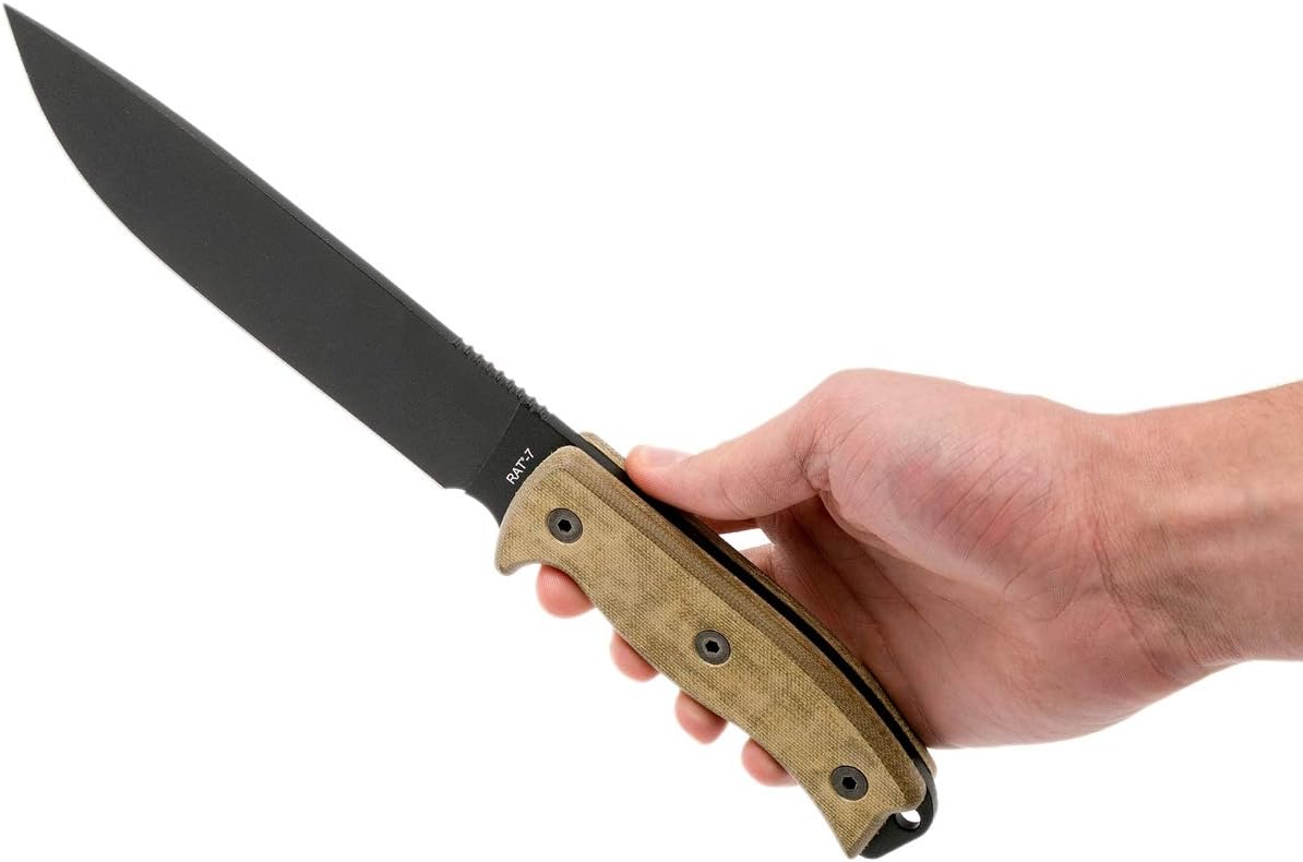 Ontario Knife Co. 8668 Rat-7 Fixed Blade Knife 7" Drop Point 1095 Black Carbon Steel Blade 5" Tan Micarta Handle for Outdoor, Tactical, Survival, Bushcraft, and EDC : Sports & Outdoors