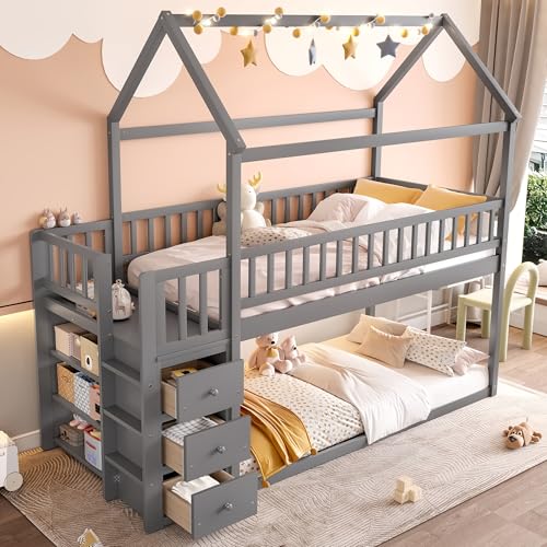Image of Bellemave Bunk beds Twin Over Twin Size with Drawers and Shelves Storage, Floor bunk Bed,Gray
