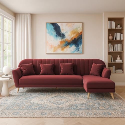 Image of Atticus RHS 6 Seater L Shape Sofa Set for Living Room (Maroon Fabric) Premium Fabric Sofa Set