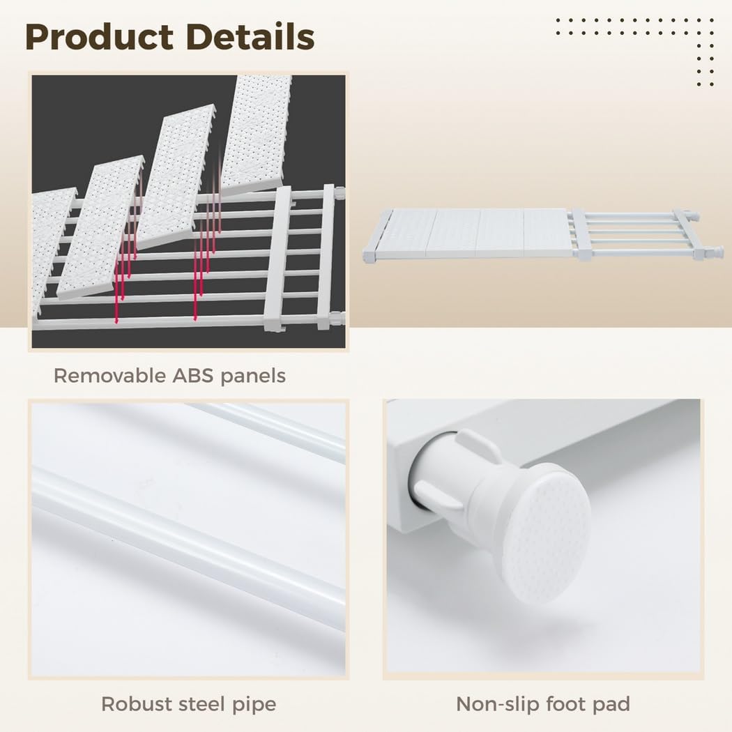 Adjustable Shelf for Closet, Retractable Cupboard Storage Organizer, Expandable Closet Tension Rod, Space Saving Divider Rack for Cabinet, Wardrobe, Kitchen, Bedroom, Bathroom