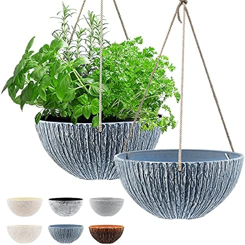 KOTAO Hanging Pots for Plants Outdoor Indoor, Hanging Planters 2 Pack, 10 Inch Hanging Baskets Flower Pots with Drainage Holes, Stone Pattern Blue