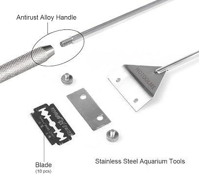 HOTOOLME Aquarium Scraper, 25.6 Stainless Steel Scraper Cleaning Razor with 10 Blades for Glass Aquarium Fish Tank | Long Handle, Aquarium Razor Blade Scraper, Fish Tank Cleaner, Aquarium Glass Cleaning Tools for Glass Aquariums