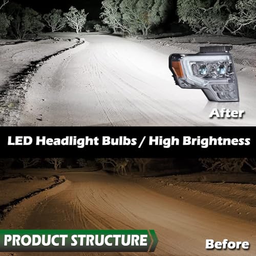 Image of GRAND ORANGE LED Tube Headlights Assembly, Compatible with 2009-2014 Ford F150 LED Tube Dual Projector Headlights Assembly with Switchback(Smoky lens Chrome Housing Amber Reflector)