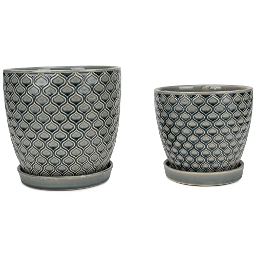 Napco Jw-72011 Stamped Lattice Design Navy Blue Ceramic Indoor Or Outdoor Garden Planter Pots, Set Of 2 #TOP9