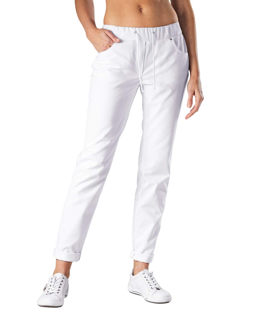 CLINIC DRESS Hose - Damen Weiss. Krankenschwester Stretch Hose 5-Pocket mit Elastikbund und Kordelband, Schrittlänge ca. 80 cm, 95 Grad waschbar