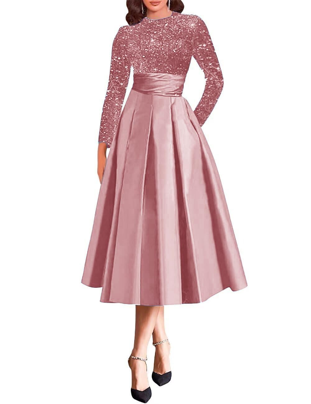 Sparkly Long Sleeve Mother of The Bride Dresses for Women Tea Length Satin Short A-Line Formal Evening Party