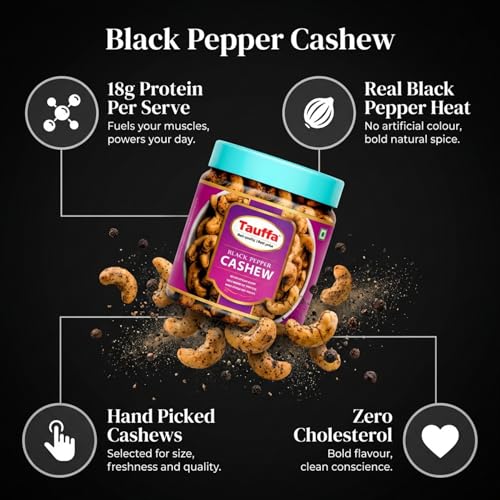 Image of Tauffa Black Pepper Cashews 250g | Roasted Whole Kaju with Kali Mirch | Crunchy Jumbo Kaaju Nuts | No Added Oil | Healthy Snack