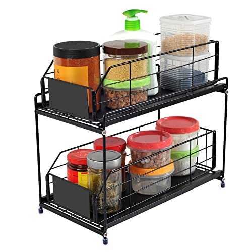 Organizador con Estas deslizantes en 2 Niveles, Organizar armarios Cocina, Estantería de Canasta Desmontable para Almacenamiento de Cocina-Negro