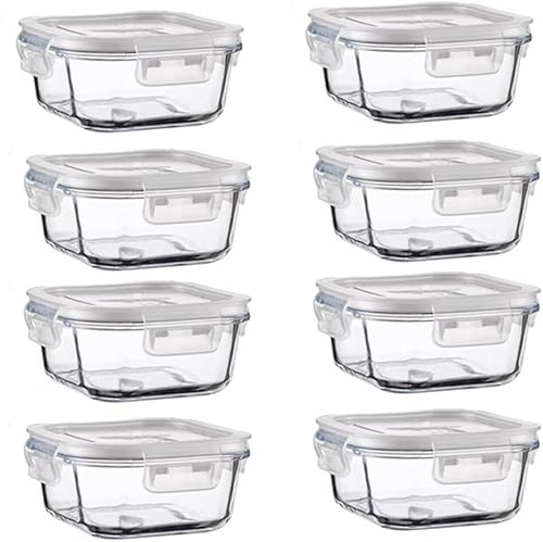 Recipientes cuadrados de almacenamiento de vidrio con tapas, recipientes de vidrio para alimentos de 2 tazas con tapas, cuencos cuadrados para