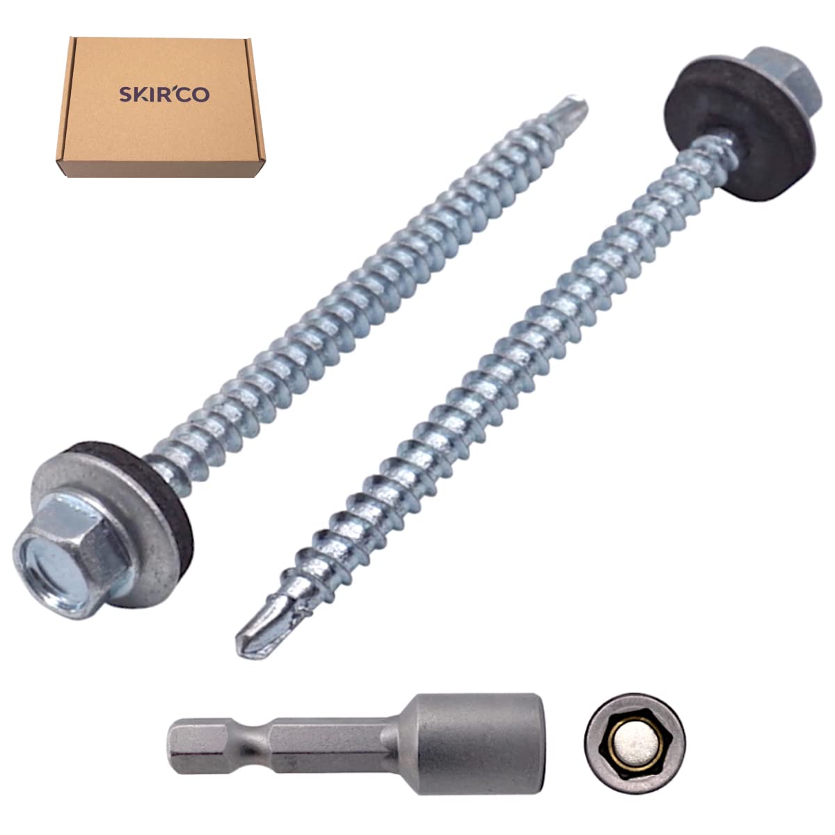 SKIR'CO Lot de 200 vis autoforeuses galvanisées pour toiture - 4,8 x 70 mm - Avec rondelles d'étanchéité EPDM