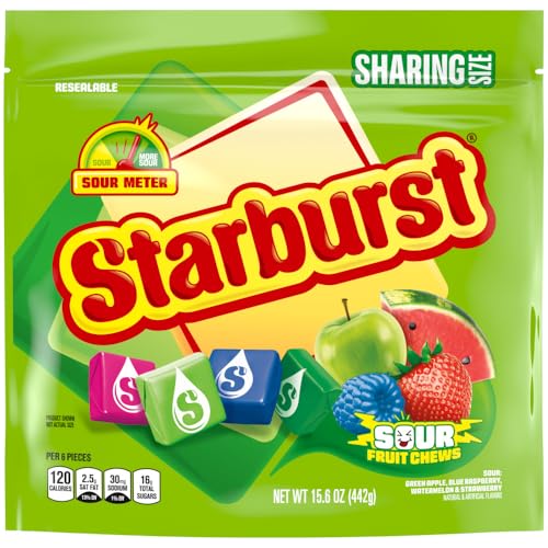 Image of STARBURST Sour Chewy Candy Fruit Chews, Share Size Resealable Bag, 15.6 Ounce (Pack of 6)