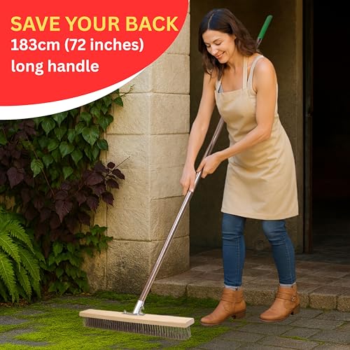 Image of Stainless Steel Wire Heavy Duty Brush 50 cm | Metal Wooden Brush with 70 inch Long Stainless Steel Pole for Floor, Swimming Pool, Terrace, Bathroom, Garden, Block, Moss, Stains Cleaning