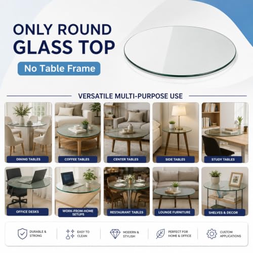 Image of Round Glass Table Top | 8mm Clear Toughened Glass | Size 18 x 18 Inches | Dining Table Top, Coffee Table, Side Table Top Multi Use at Home & Office | Made in India (TR18)