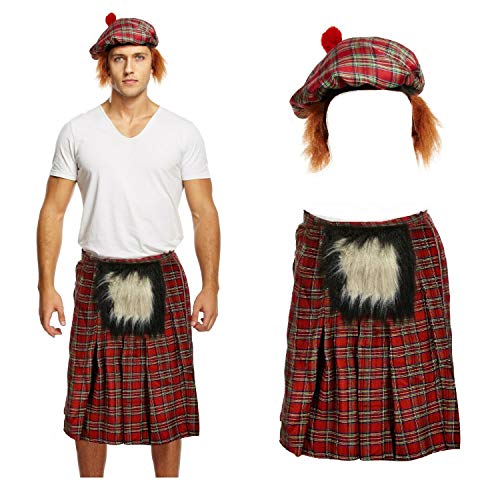 Lizzy Mens SCOTTISH COSTUME Scotsman KILT + TARTAN HAT Hair Burns Night Fancy Dress UK